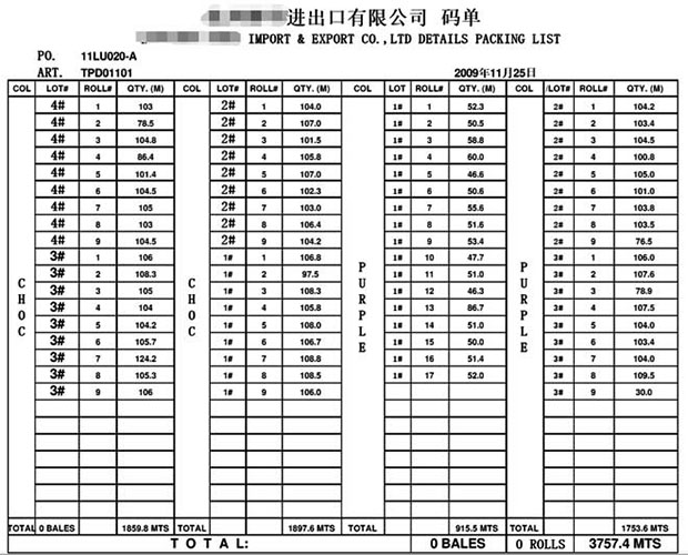 布料明细码表2