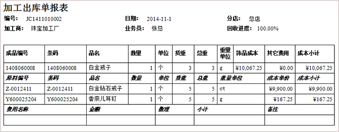 珠宝加工出库单报表